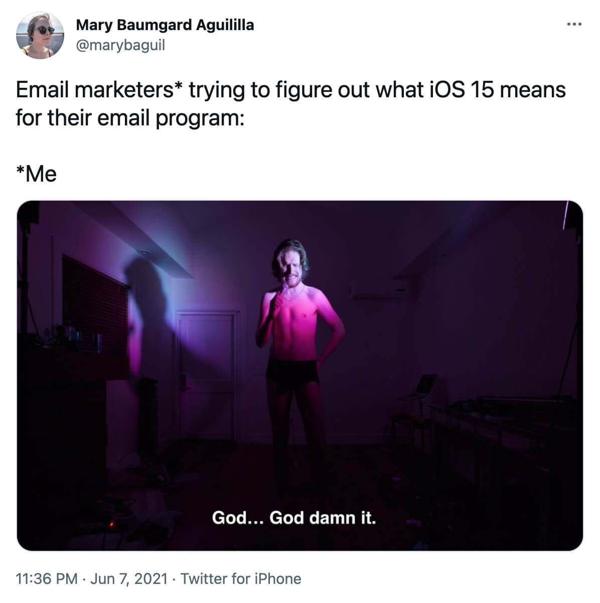 @marybaguil on twitter: Emailer marketers* trying to figure out what iOS 15 means for their email program: Bo Burnham with a blue and pink spotlight on him saying 'God...God damn it.'  *Me