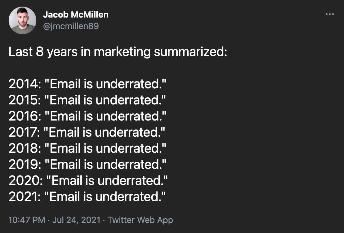 @jmcmillen89 on twitter: Last 8 years in marketing summarized: 2014: Email is underrated. 2015: Email is underrated. 2016: Email is underrated. 2017: Email is underrated. 2018: Email is underrated. 2019: Email is underrated. 2020: Email is underrated. 2021: Email is underrated.