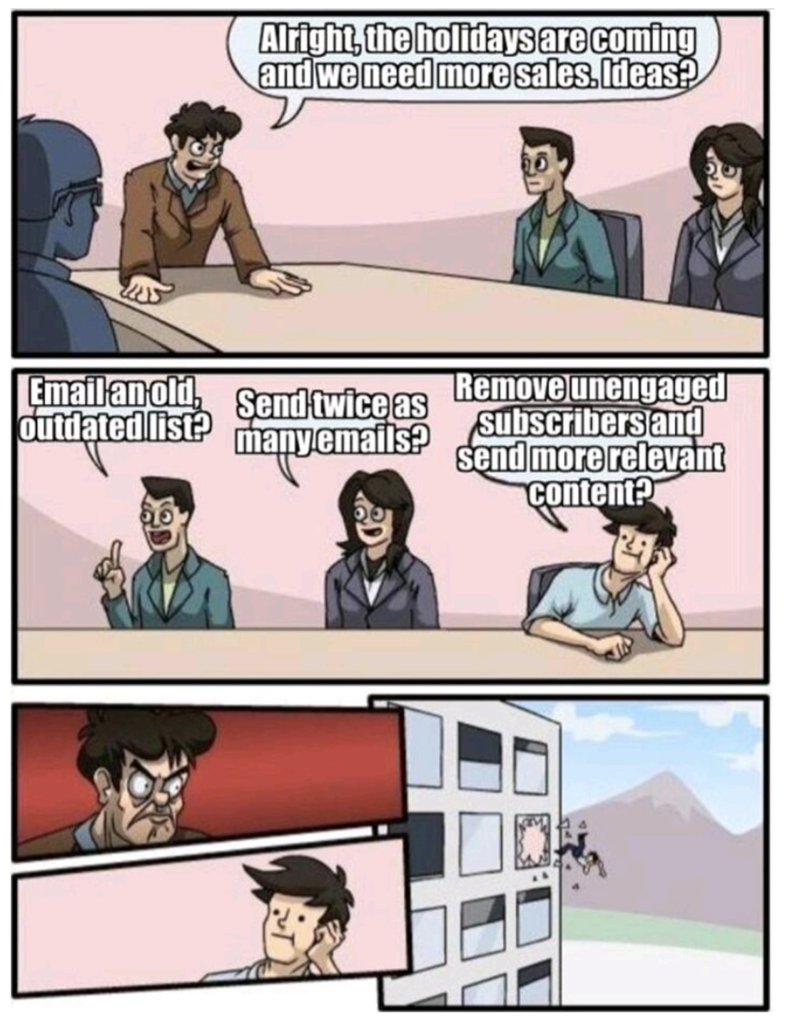 Boardroom suggestion meme: Man 1: Alright, the holidays are coming and we need more sales. Ideas? Man 2: Email an old outdated list? Woman 1: Send twice as many emails? Bored Man: Remove unengaged subscribers and send more relevant content? Bored Man gets thrown out window