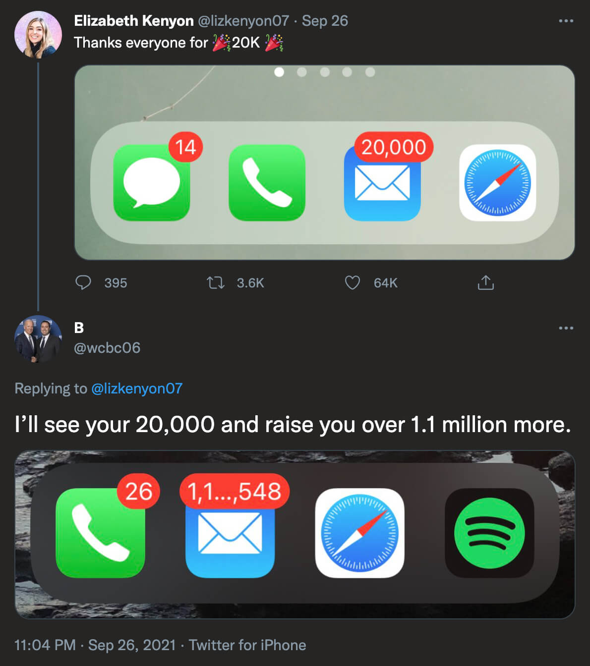 @lizkenyon07: Thanks everyone for 20K - screenshot of 20K email notifications; @wcbc06 replying: I'll see your 20,000 and raise you over 1.1 million more. - screenshot of over 1.1 million email notifications