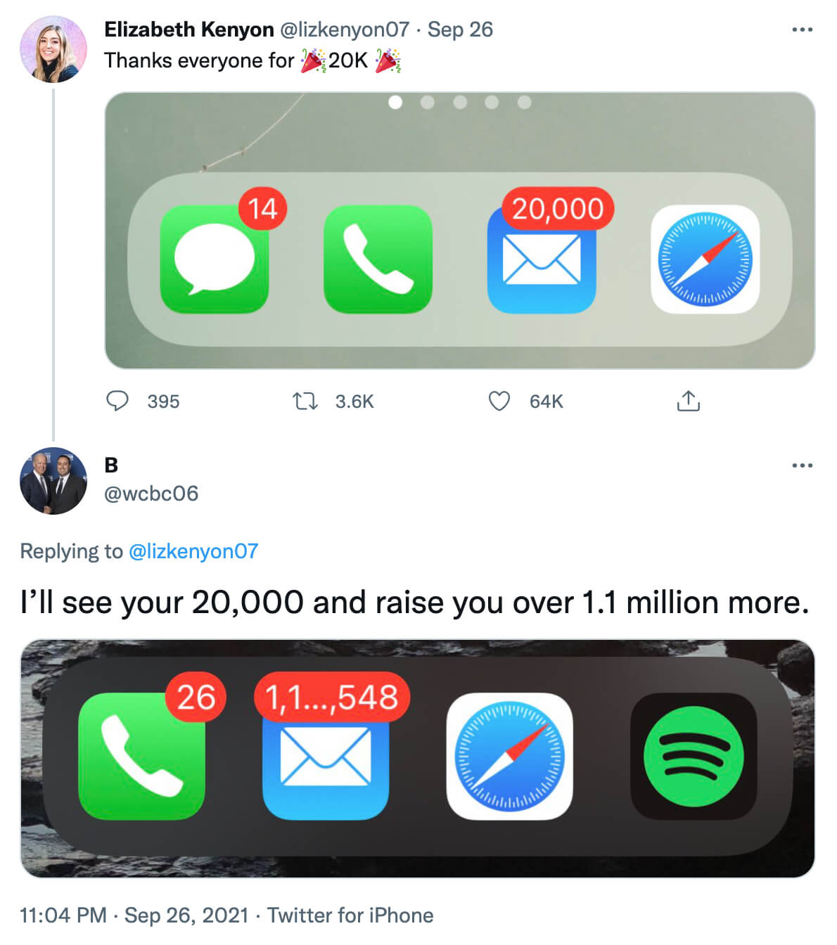 @lizkenyon07: Thanks everyone for 20K - screenshot of 20K email notifications; @wcbc06 replying: I'll see your 20,000 and raise you over 1.1 million more. - screenshot of over 1.1 million email notifications