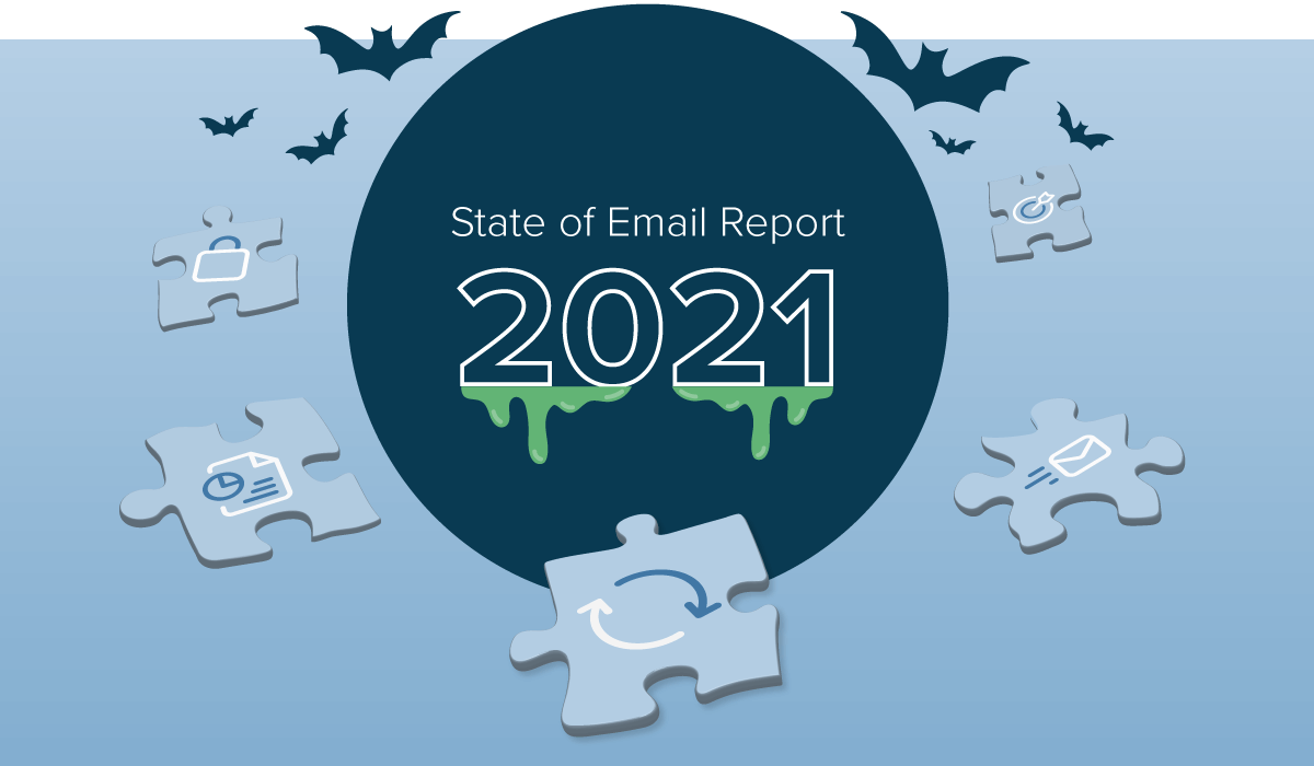 2021 State of Email Report with icons on puzzle pieces bats flying around