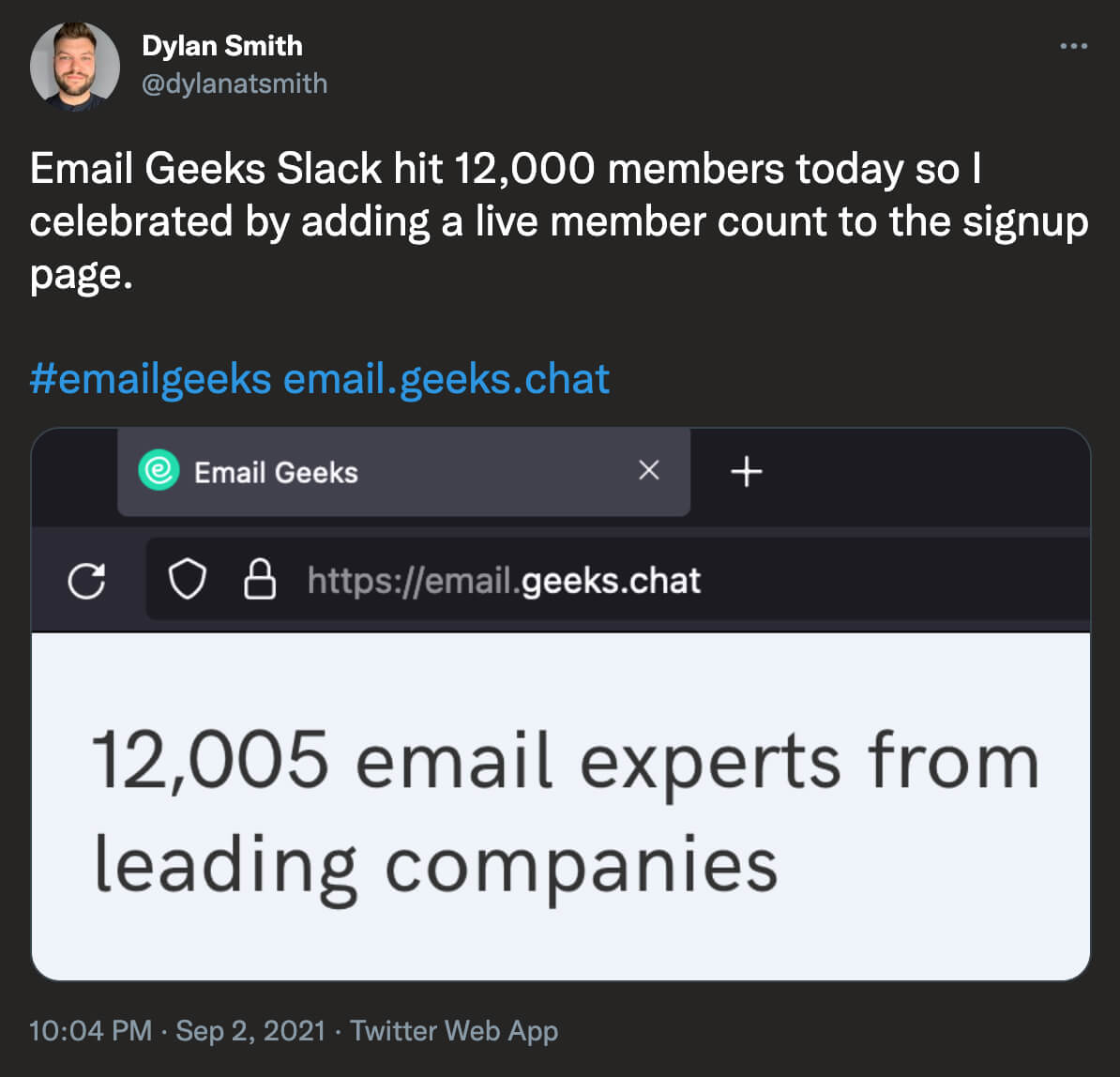 @dylantsmith on Twitter: Email Geeks Slack hit 12,000 members today so I celebrated by adding a live member count to the signup page. #emailgeeks email.geeks.chat