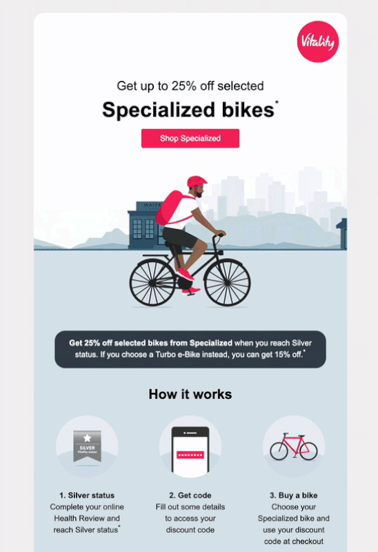 Email from Vitality about a bike promotion for members.