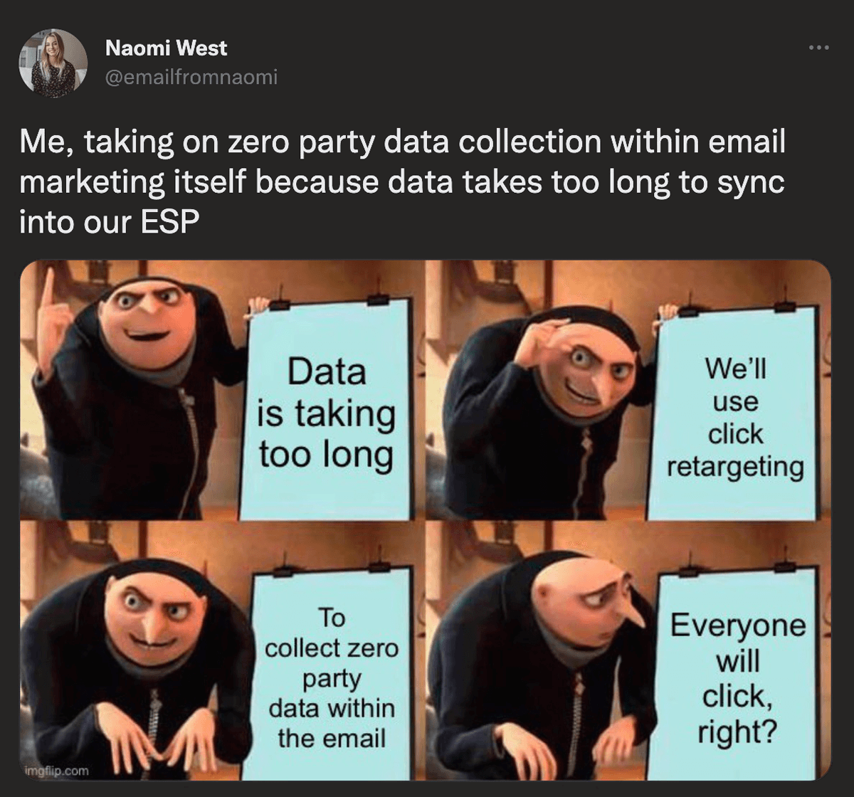 @emailfromnaomi on twitter: Me, taking on zero party data collection within email marketing itself because data takes too long to sync into our ESP. Gru with a presentation meme: 1. Data is taking too long 2. We'll use click retargeting 3. To collect zero party data within the email 4. Everyone will click, right?