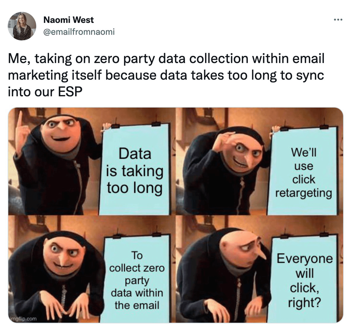 @emailfromnaomi on twitter: Me, taking on zero party data collection within email marketing itself because data takes too long to sync into our ESP. Gru with a presentation meme: 1. Data is taking too long 2. We'll use click retargeting 3. To collect zero party data within the email 4. Everyone will click, right?