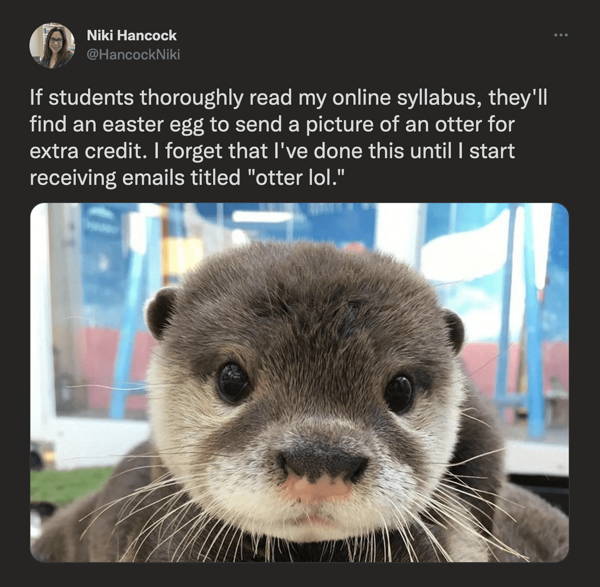 @HancockNiki on Twitter: If students thoroughly read my online syllabus, they'll find an easter egg to send a picture of an otter for extra credit. I forget that I've done this until I start receiving emails titled 'otter lol.'