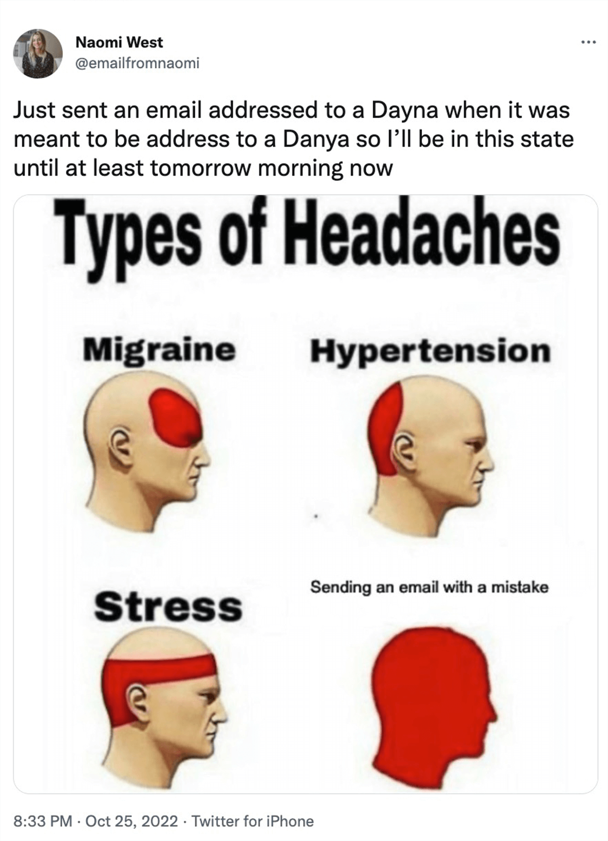 @emailfromnaomi on Twitter: Just sent an email addressed to a Dayna when it was mean to be addressed to a Danya so I'll be in this state until at least tomorrow morning now. Image of four types of headaches.