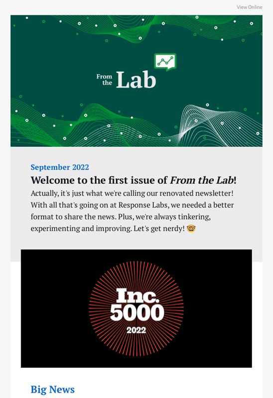 Newsletter from Response Labs with several stories