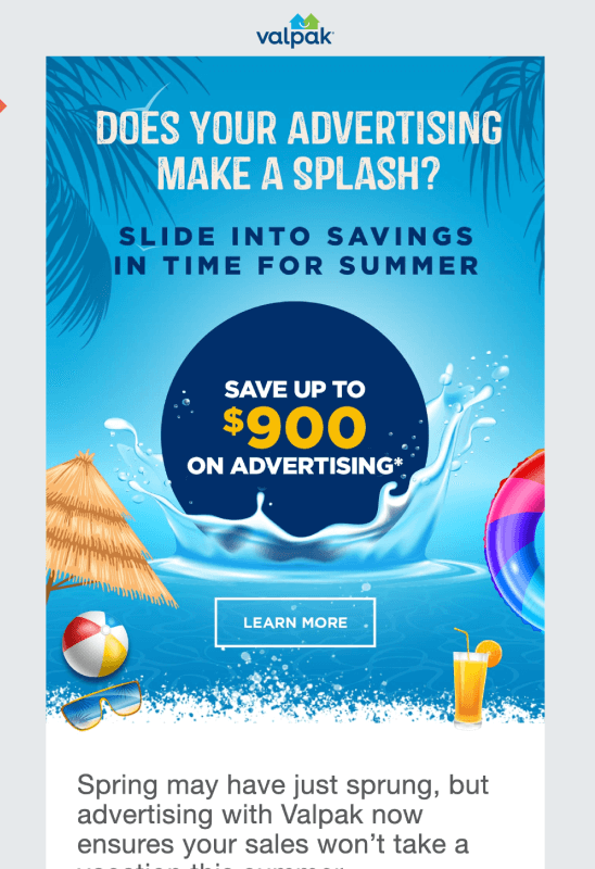 Email from ValPak showing a large dot splashing into water with the copy Save up to $900 on advertising