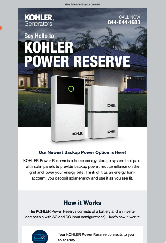 Email from TriMark Digital that features the Kohler Power Reserve