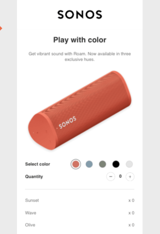 Email from Lev with an AMP shopping cart experience for the Sonos speaker.