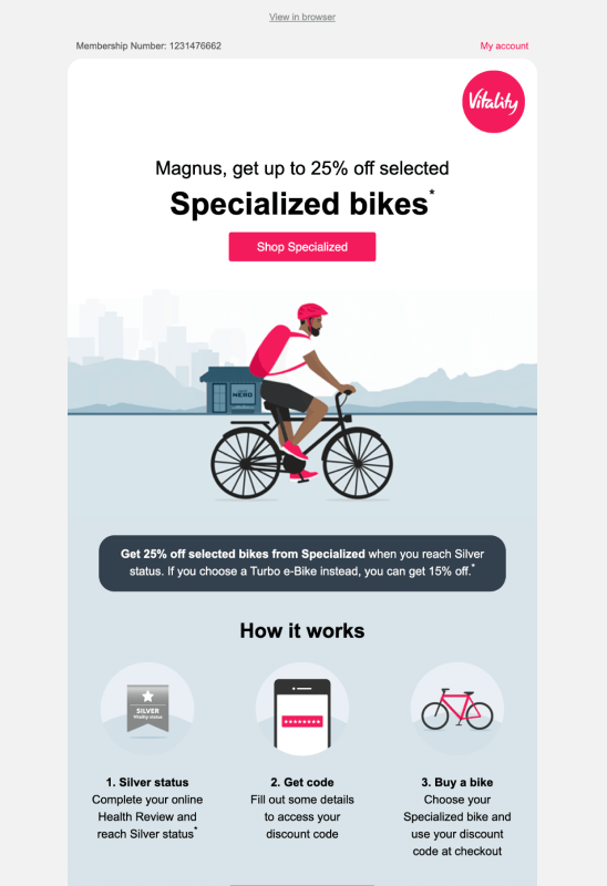 Email from Vitality about a bike promotion for members.