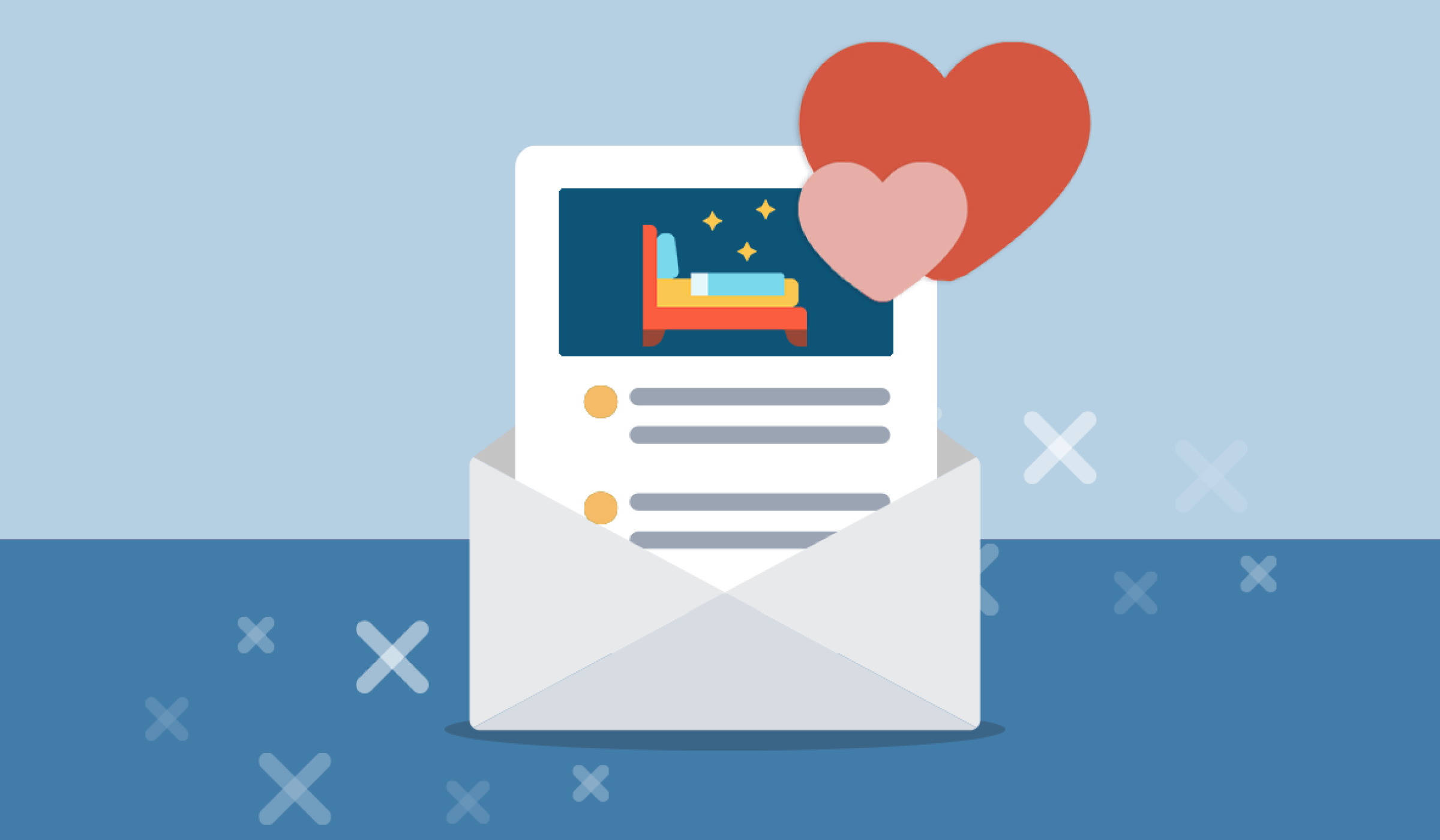 An email with a bed on it and hearts next to it