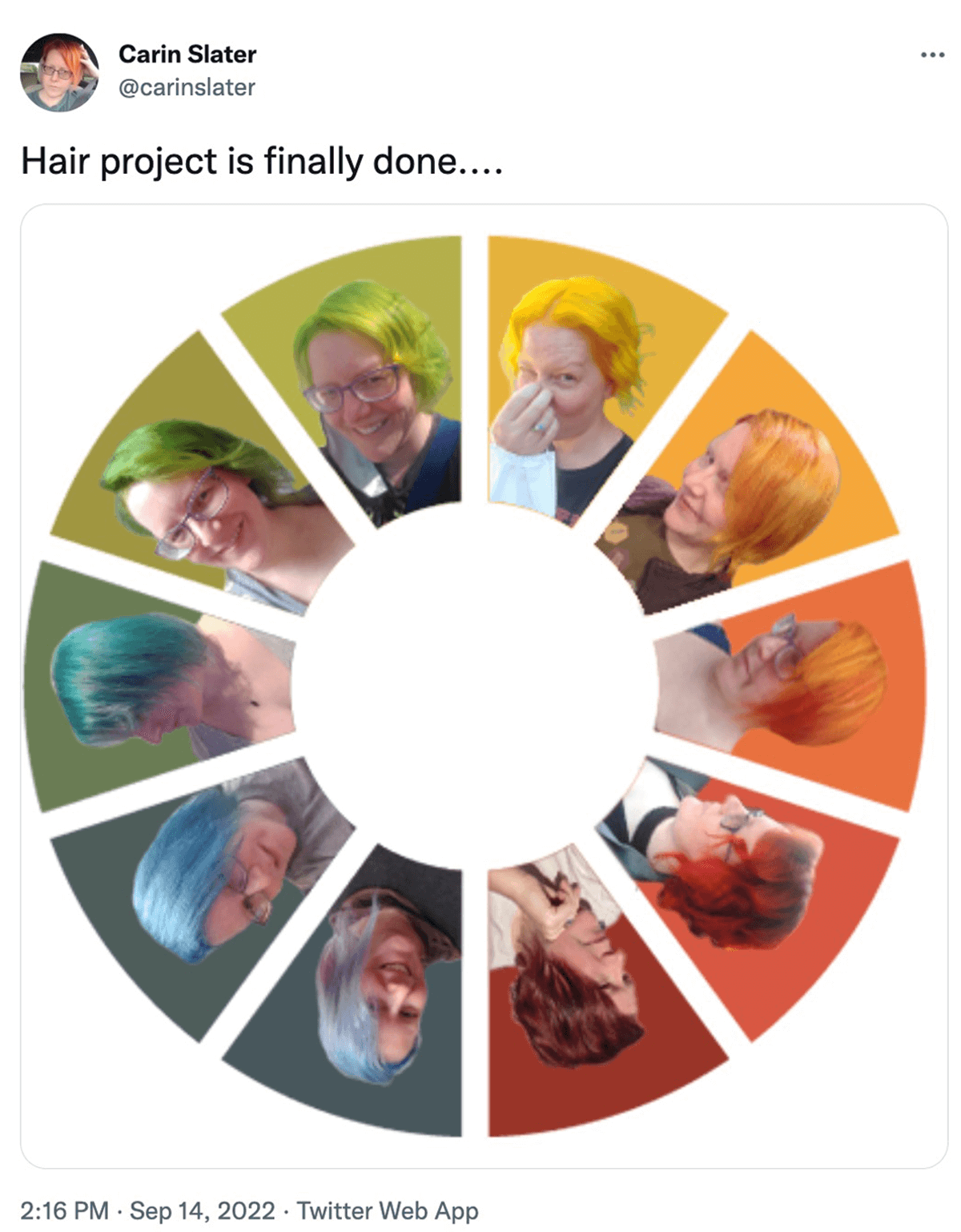 @carinslater on twitter: Hair project is finally done... Me with all my fun hair colors matching the colors in the Litmus logo.