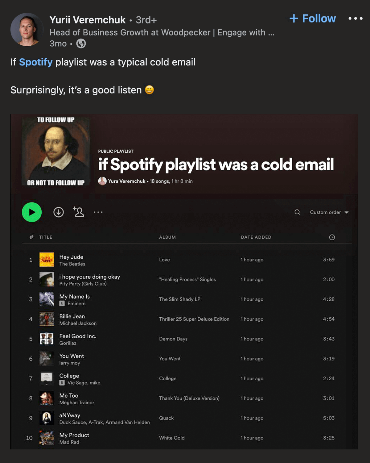 Yurii Veremchuk on LinkedIn: If Spotify playlist was a typical cold email. Surprisingly, it's a good listen :D