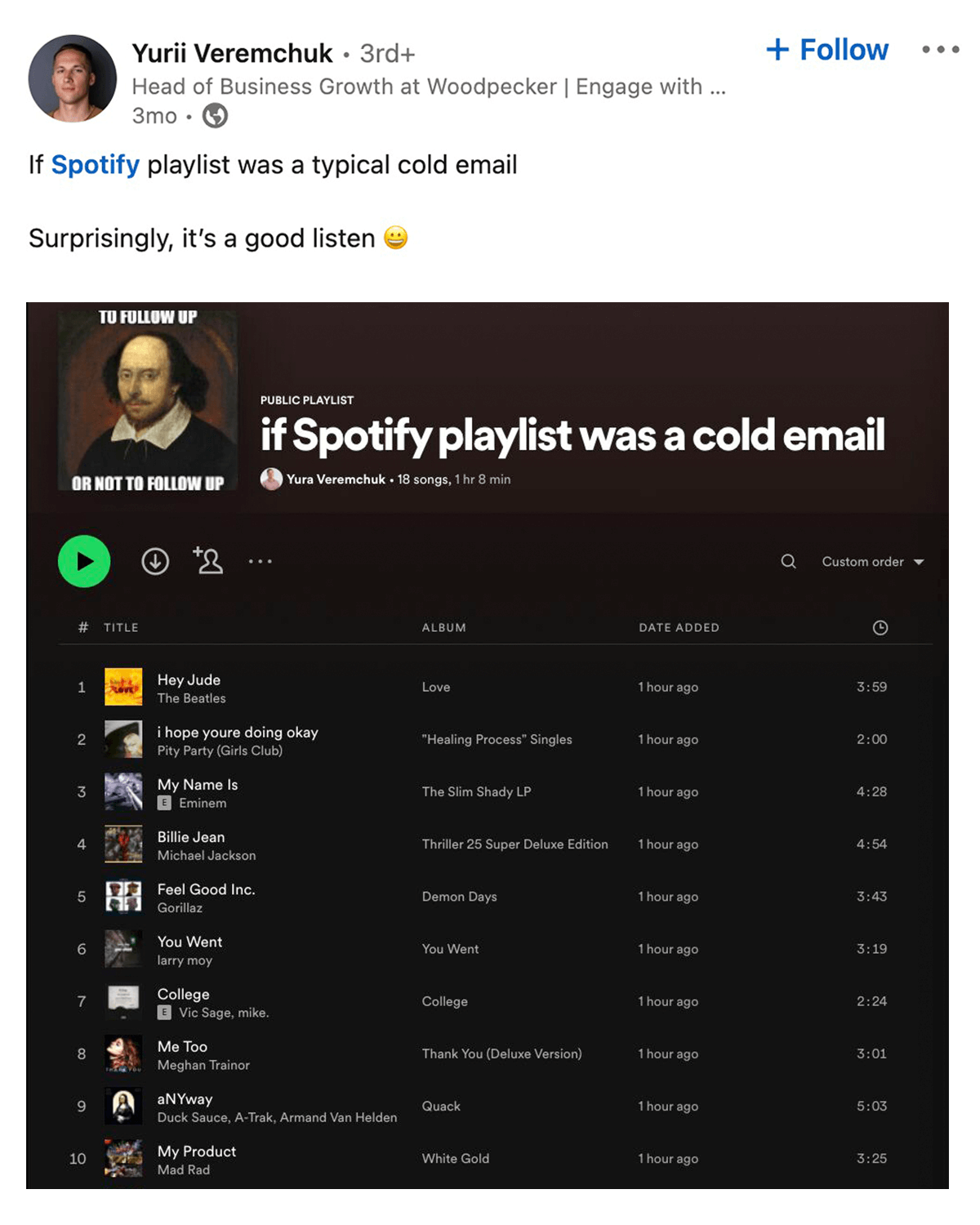 Yurii Veremchuk on LinkedIn: If Spotify playlist was a typical cold email. Surprisingly, it's a good listen :D