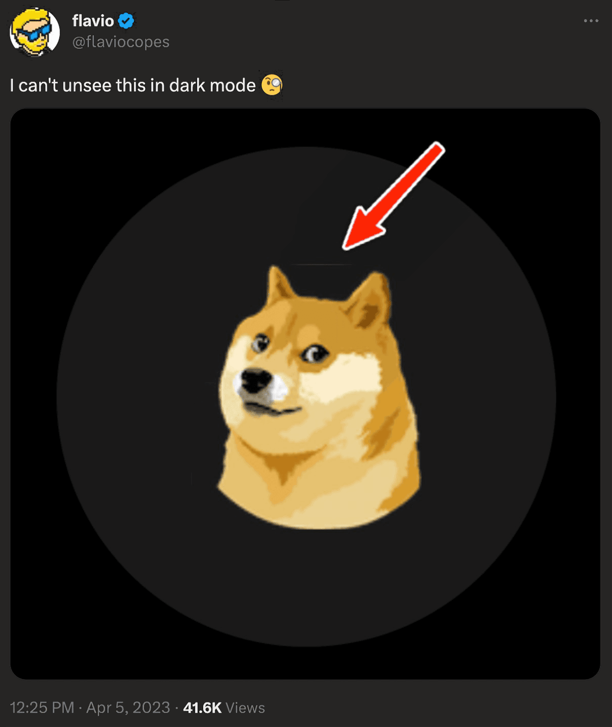 @flaviocopes on twitter: I can't unsee this in dark mode, image of the dogedog logo with a thin grey line between it's ears