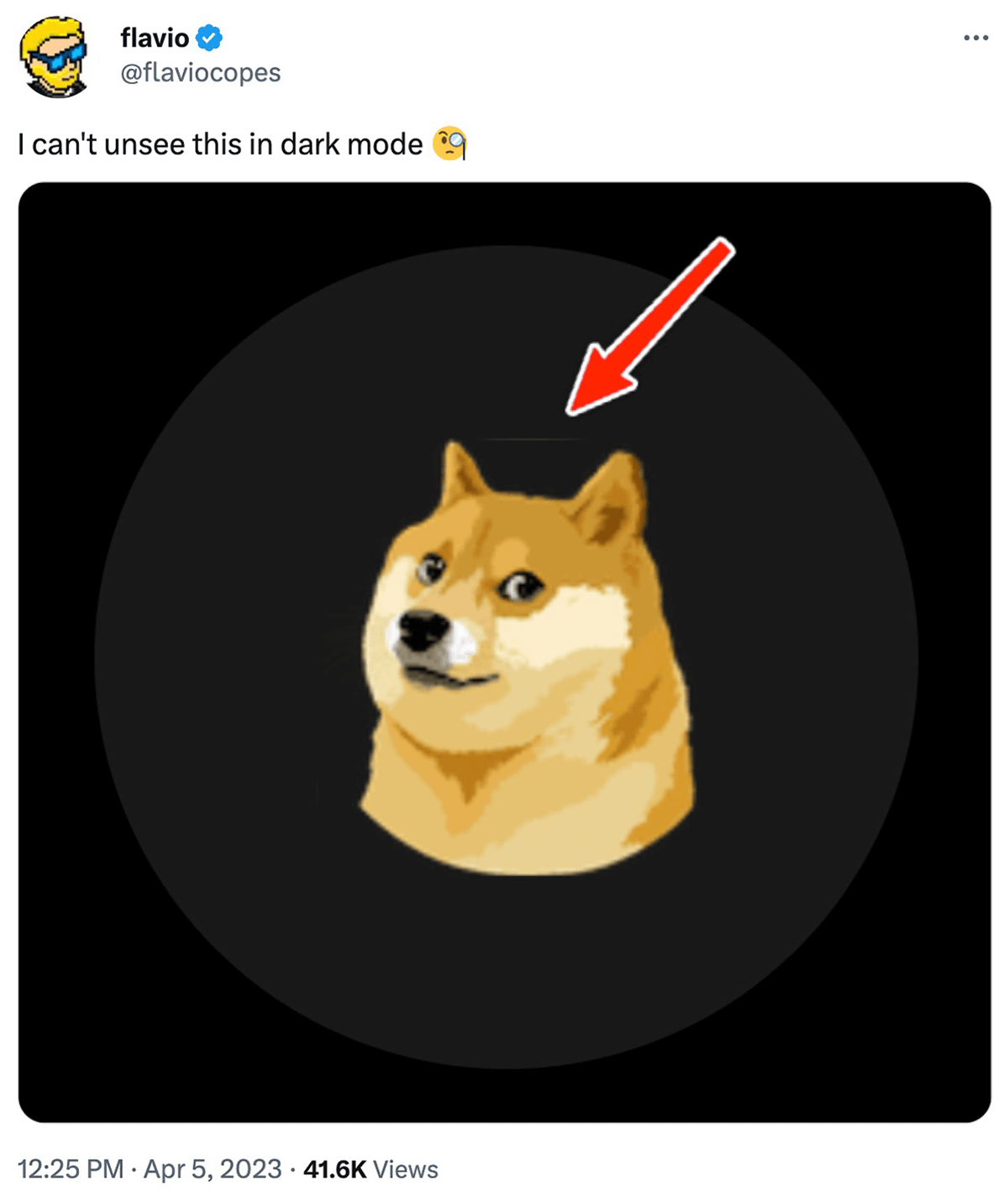 @flaviocopes on twitter: I can't unsee this in dark mode, image of the dogedog logo with a thin grey line between it's ears