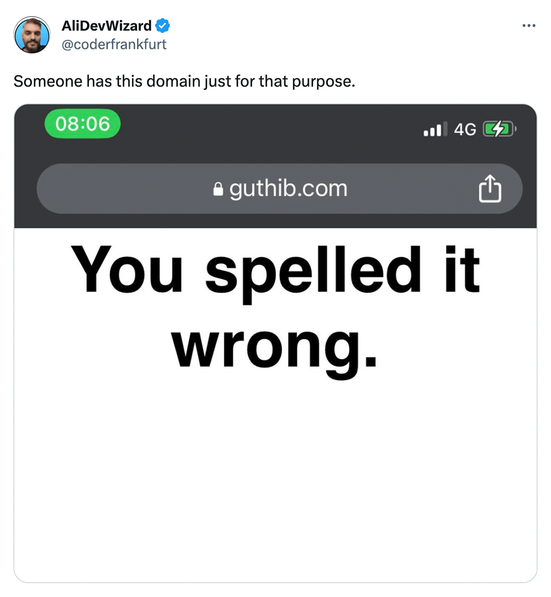 @coderfrankfurt on Twitter: A screenshot of the webpage for guthib.com that says 'You spelled it wrong'