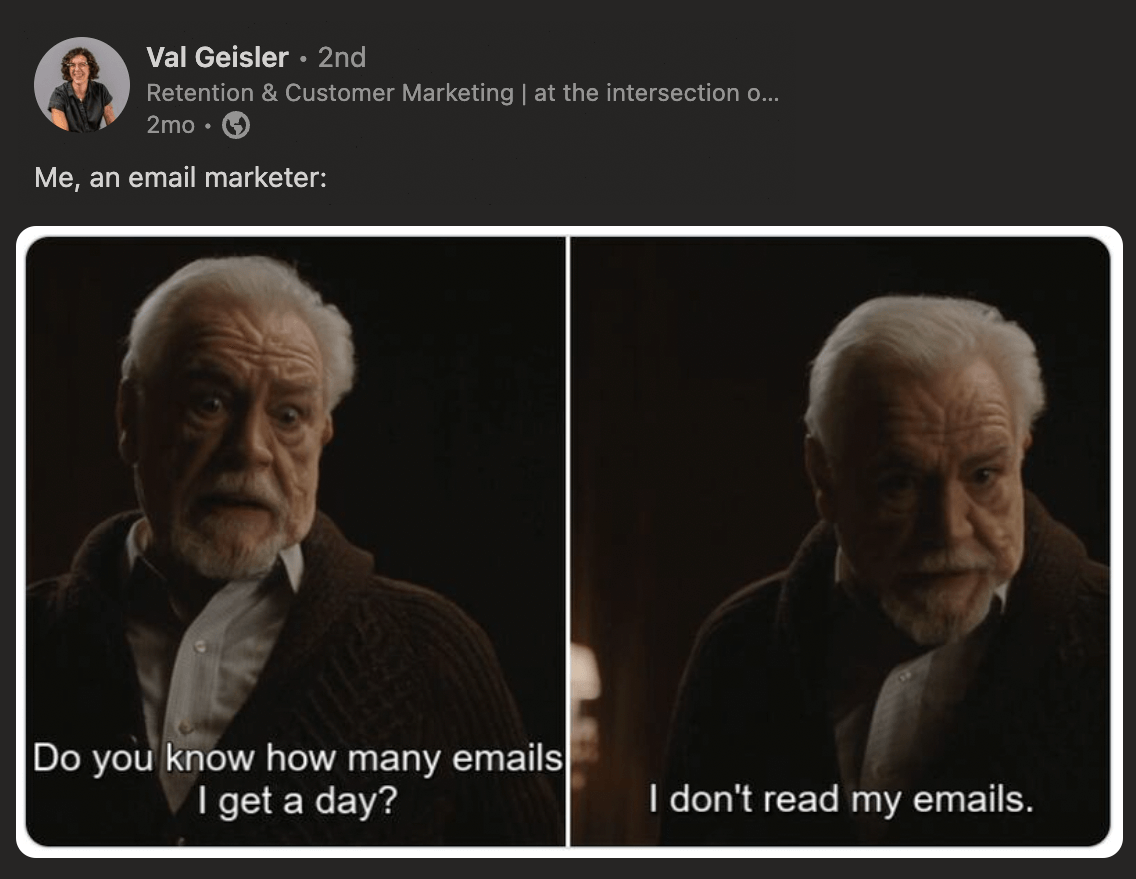 Val Geisler on Linkedin: Me, an email marketer: Logan from Succession: Do you know how many emails I get a day? I don't read my emails.