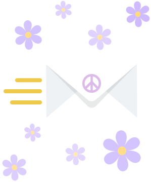 An email being sent that has a peace symbol on the envelope with purple flowers in the background