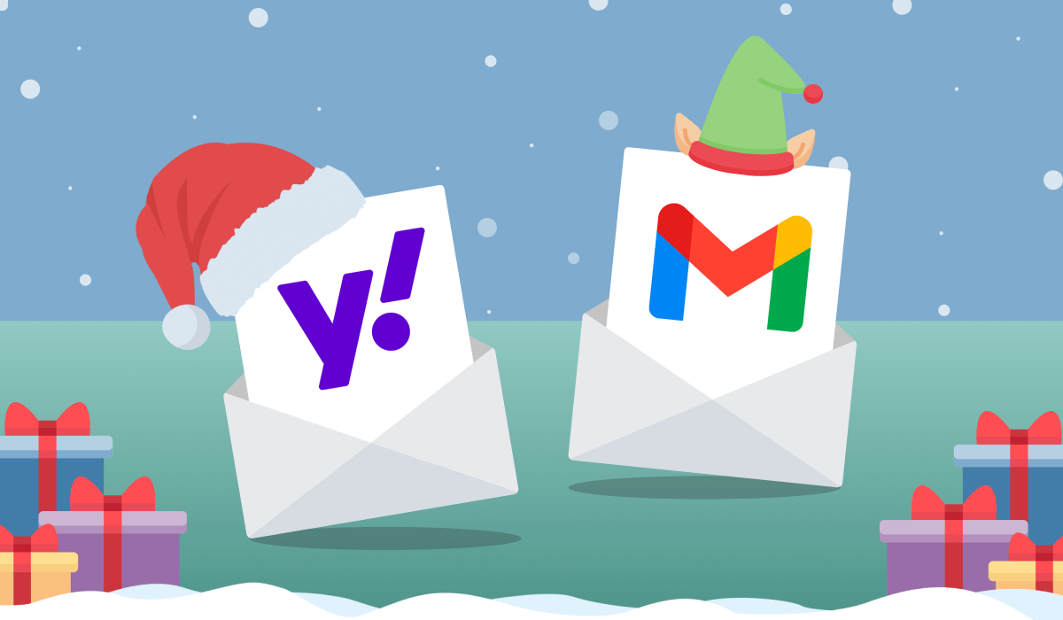 Yahoo and Gmail emails dressed up like Santa and an elf.