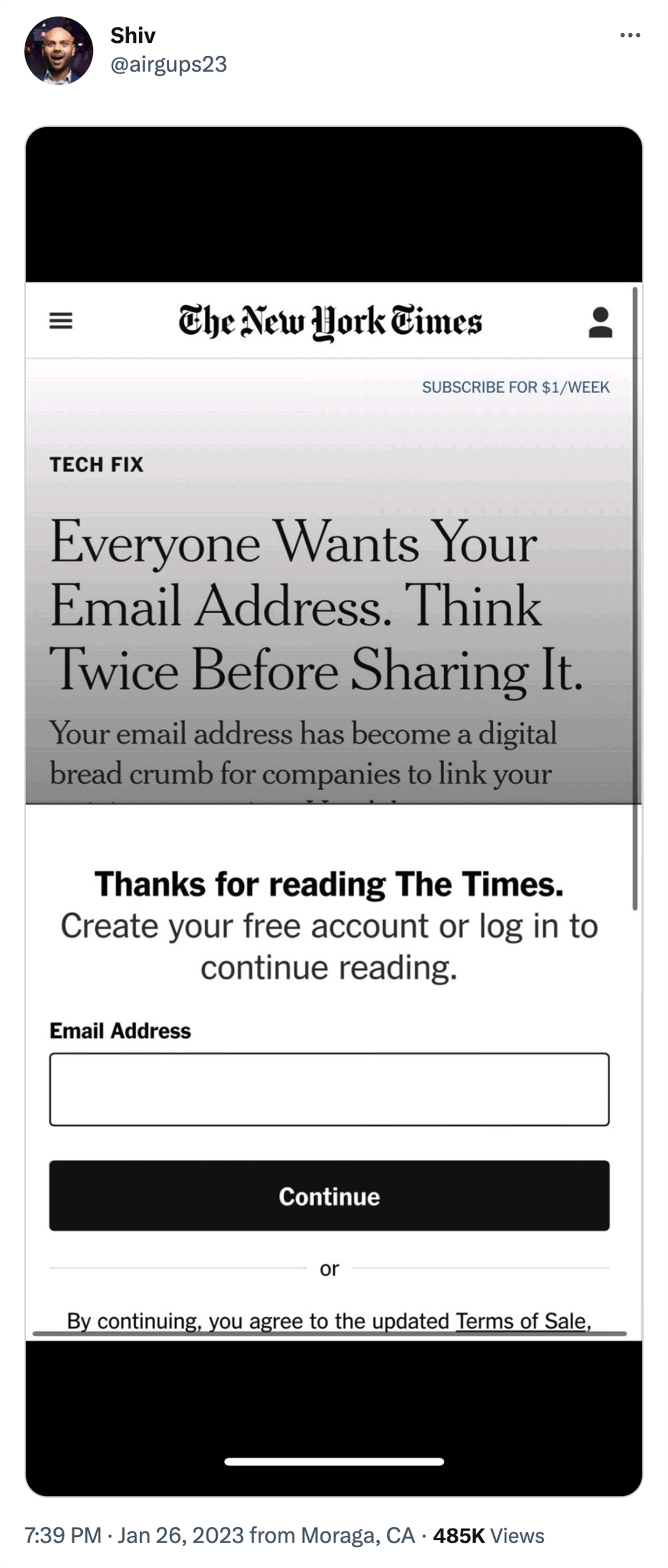 @airgups23 on Twitter: screenshot of The New York times article entitled Everyone Wants Your Email Address. Think Twice Before Sharing It. behind a popup asking for your email address