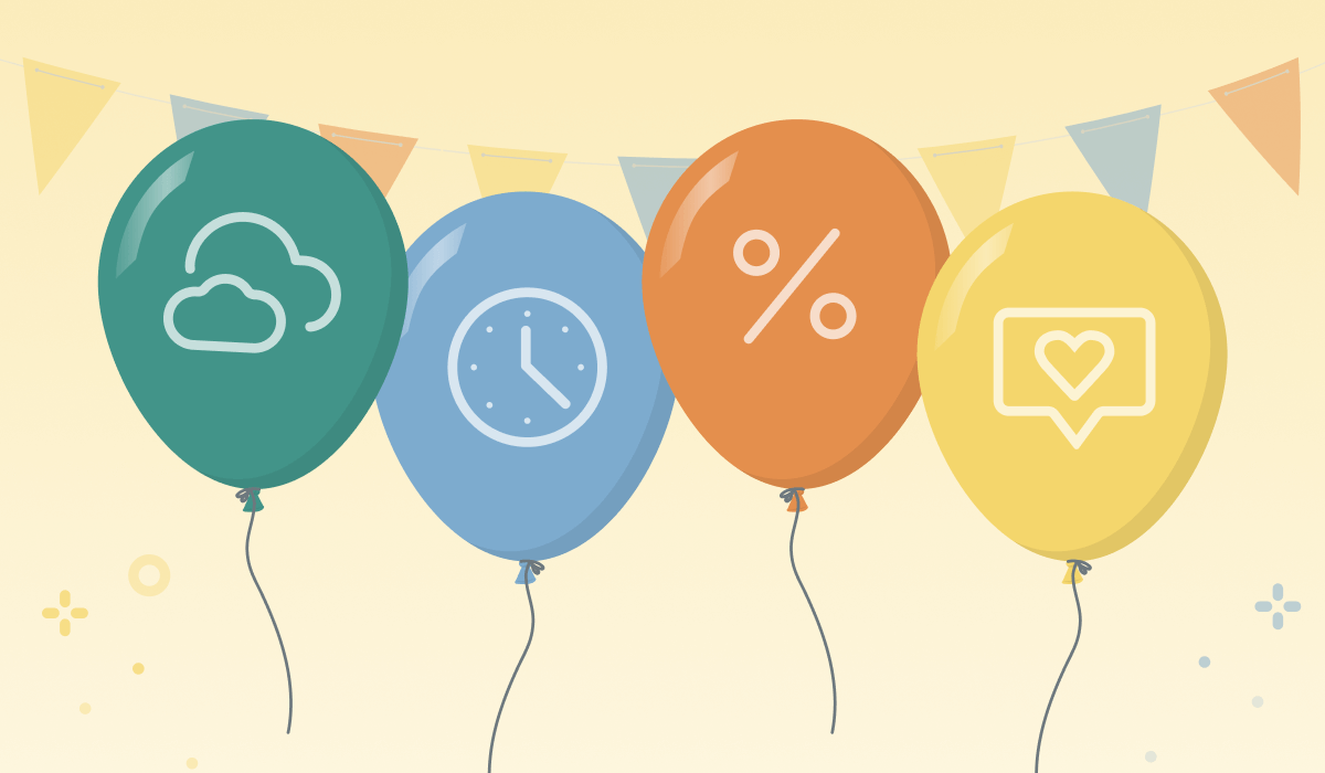 Balloons with icons for time, percent, likes, and weather on them.