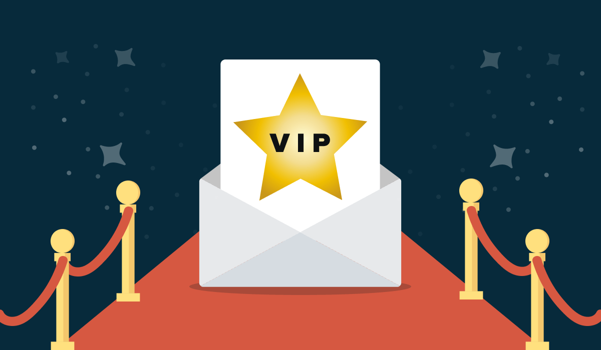 An email with a VIP star on it walking down a red carpet.