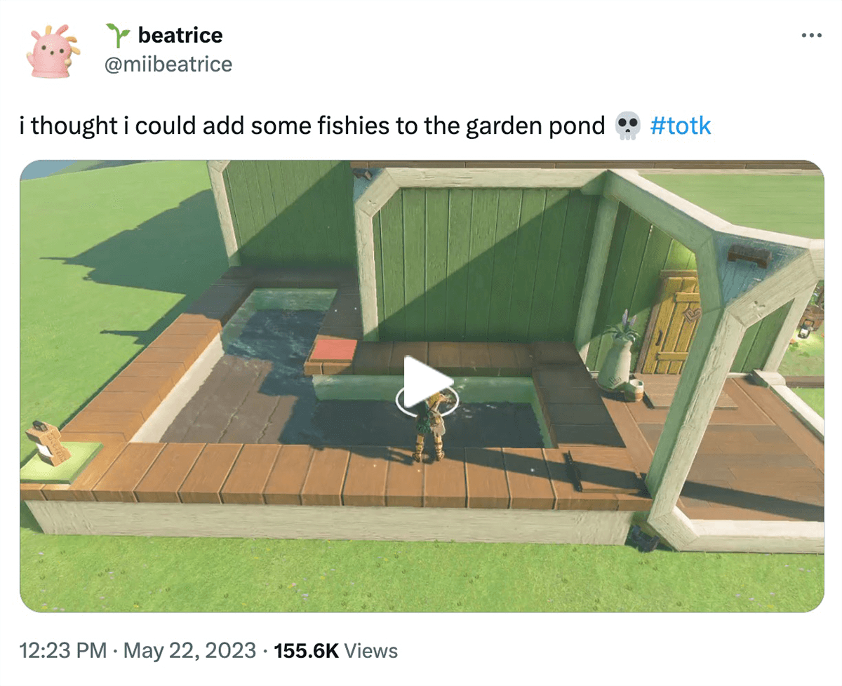 @miibeatrice on twitter: i thought i could add some fishies to the garden pond - skull emoji hashtag totk. Video of Link adding fish to a pond. The fish sit dead on top of the water.