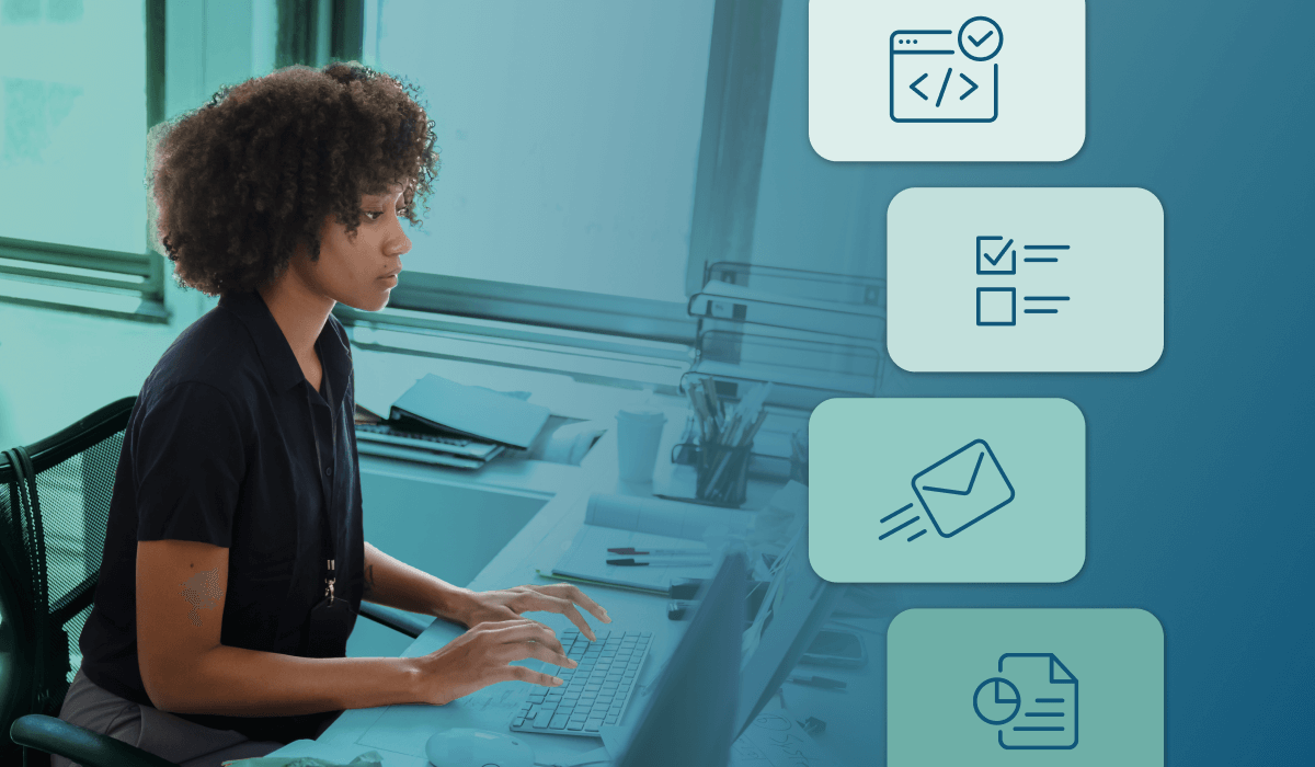 Icons of different steps in email workflows appear beside an email marketer.