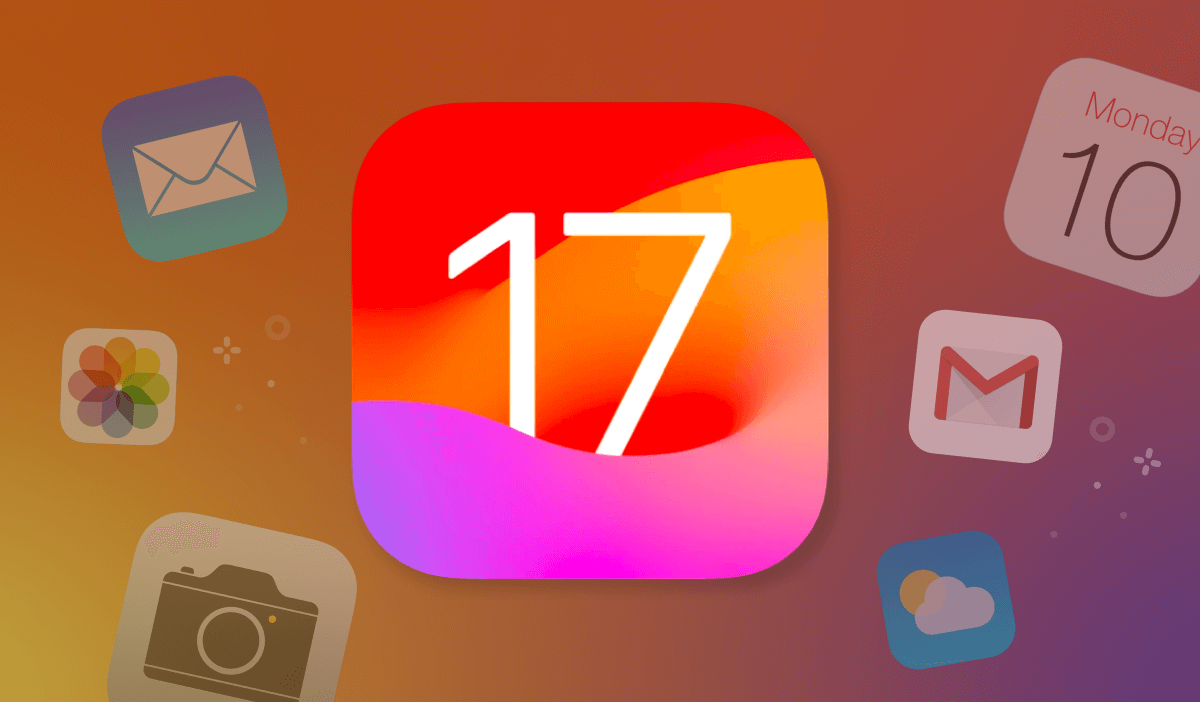 A huge icon of Apple iOS 17 in the center, surrounded by other Apple icons, such as the Mail, Photos, Camera, Calendar, Gmail, and Weather apps.
