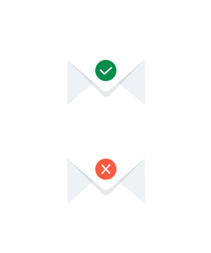 Two envelopes going in a loop, one with a green checkmark and the other with a red X.