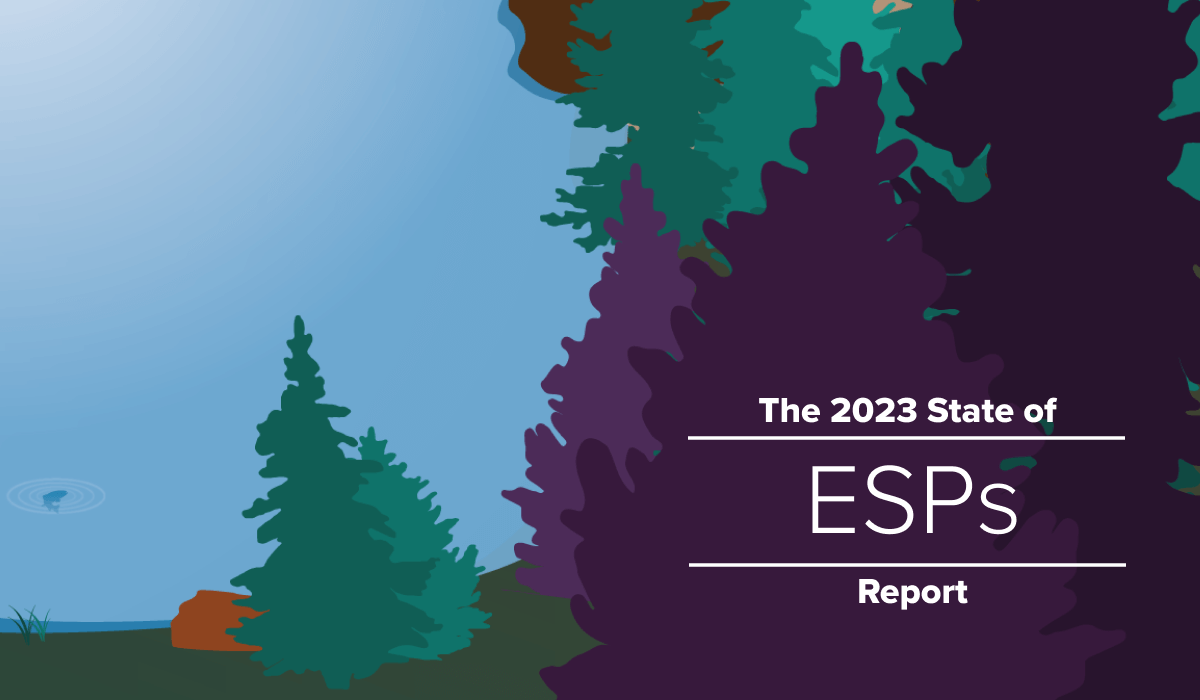 A forest next to a pond with a fish in it with the words 'The 2023 State of ESPs Report'