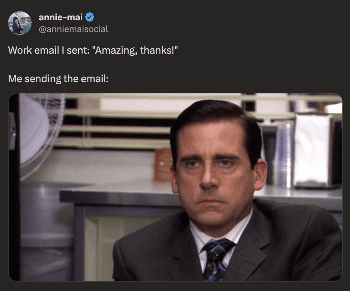 annie-mai @anniemaisocial on X says: 'Work email I sent: 'Amazing, thanks!' Me sending the email:' with a displeased image of Michael Scott from 'The Office'