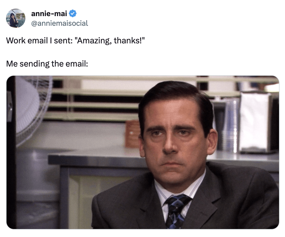 annie-mai @anniemaisocial on X says: 'Work email I sent: 'Amazing, thanks!' Me sending the email:' with a displeased image of Michael Scott from 'The Office'