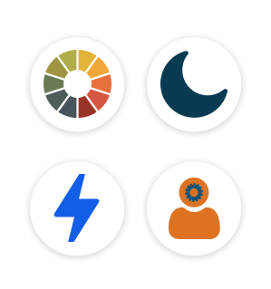 Four icons: one is the Litmus logo to represent BIMI, one is a crescent moon to represent Dark Mode, one is a lightning bolt to represent AMP for email, and the last one is a person to show hyper-personalization.