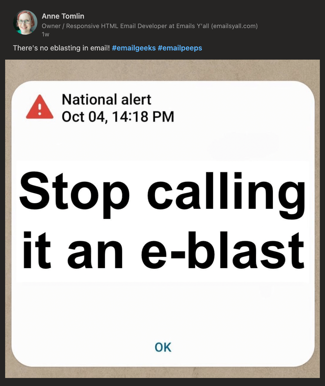 Anne Tomlin on LinkedIn says 'There's no eblasting in email! #emailgeeks #emailpeeps' and the image is the national alert that went out on October 4, 2023 at 14:18 PM with the words 'Stop calling it an e-blast'