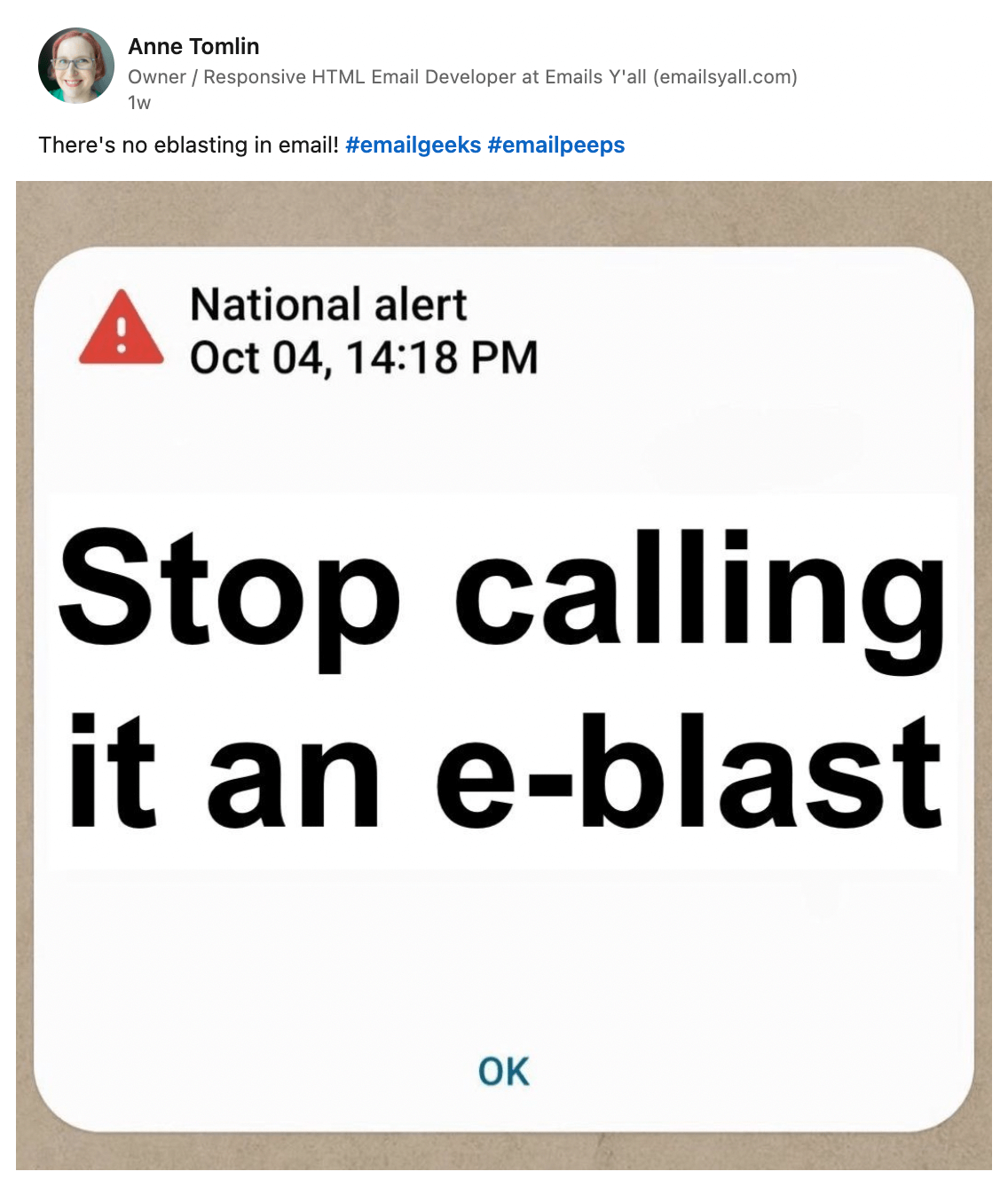 Anne Tomlin on LinkedIn says 'There's no eblasting in email! #emailgeeks #emailpeeps' and the image is the national alert that went out on October 4, 2023 at 14:18 PM with the words 'Stop calling it an e-blast'
