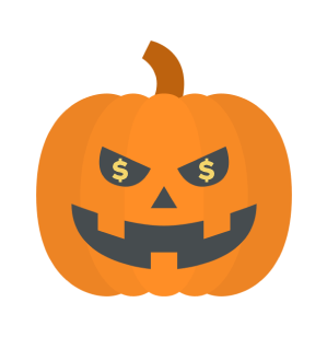 A jack-o-lantern with dollar signs where its eyes are.