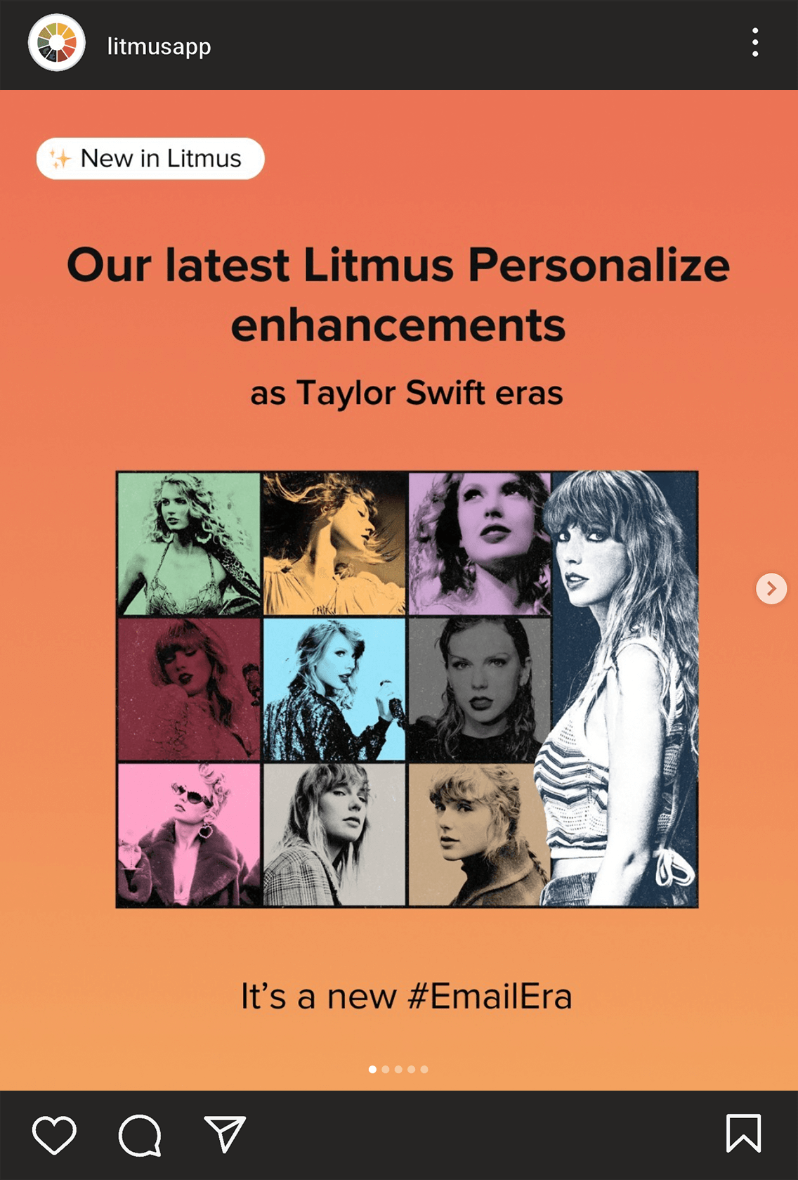 @litmusapp on Instagram's post, which says: 'New in Litmus. Our latest Litmus Personalize elements as Taylor Swift eras. It's a new #EmailEra'