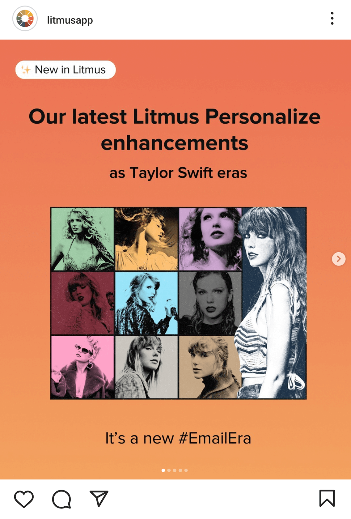 @litmusapp on Instagram's post, which says: 'New in Litmus. Our latest Litmus Personalize elements as Taylor Swift eras. It's a new #EmailEra'