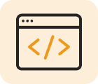 A browser window with code brackets.