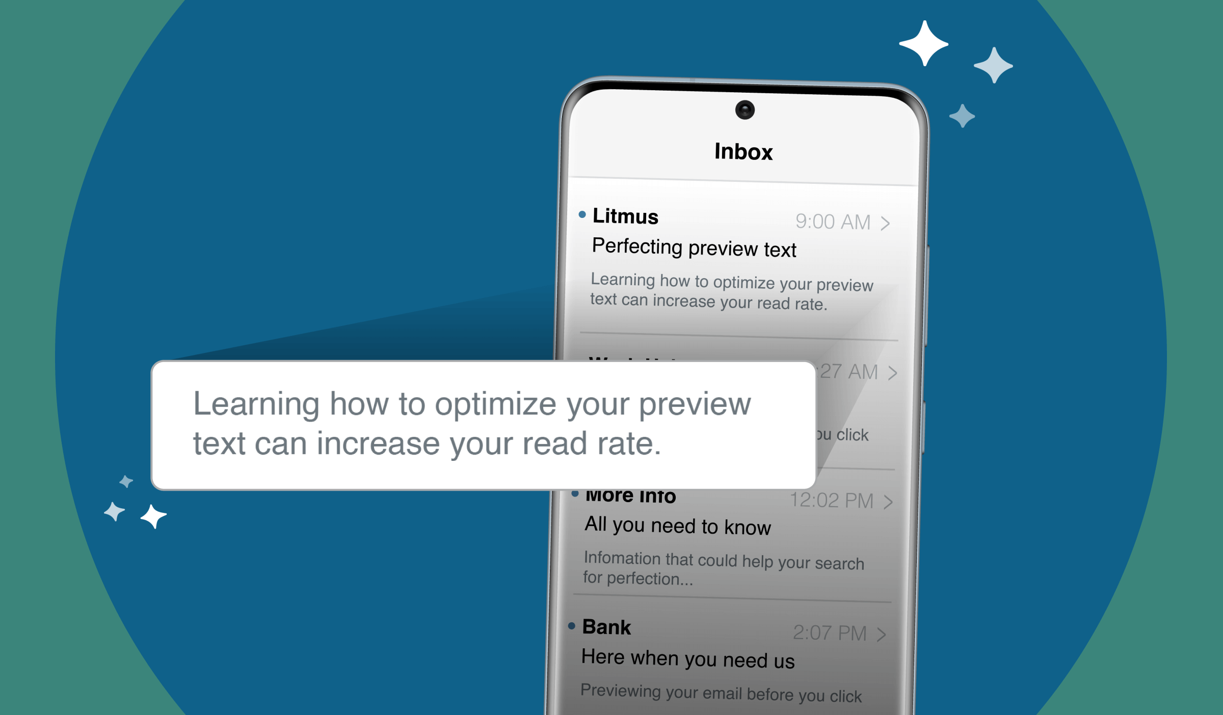 Phone showing preview text with the message 'Learning how to optimize your preview text can increase your read rate.'