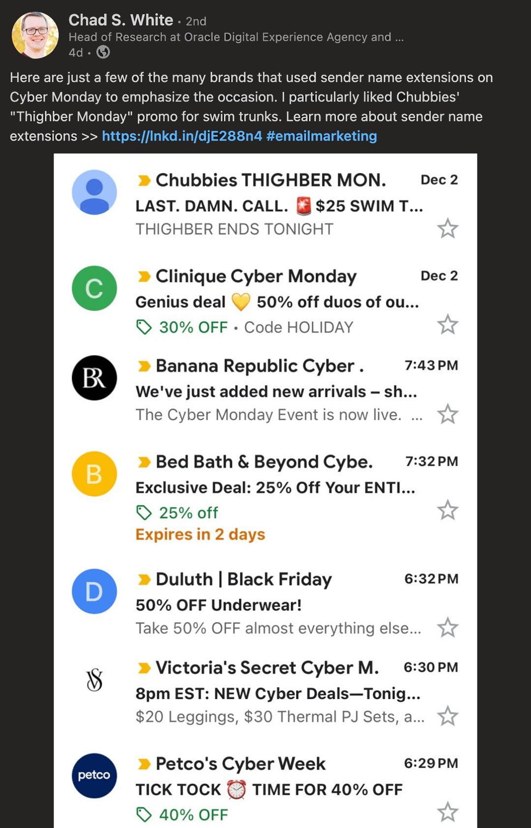 A Linkedin in post from Chad White showing sender name extensions from Cyber Monday emails.