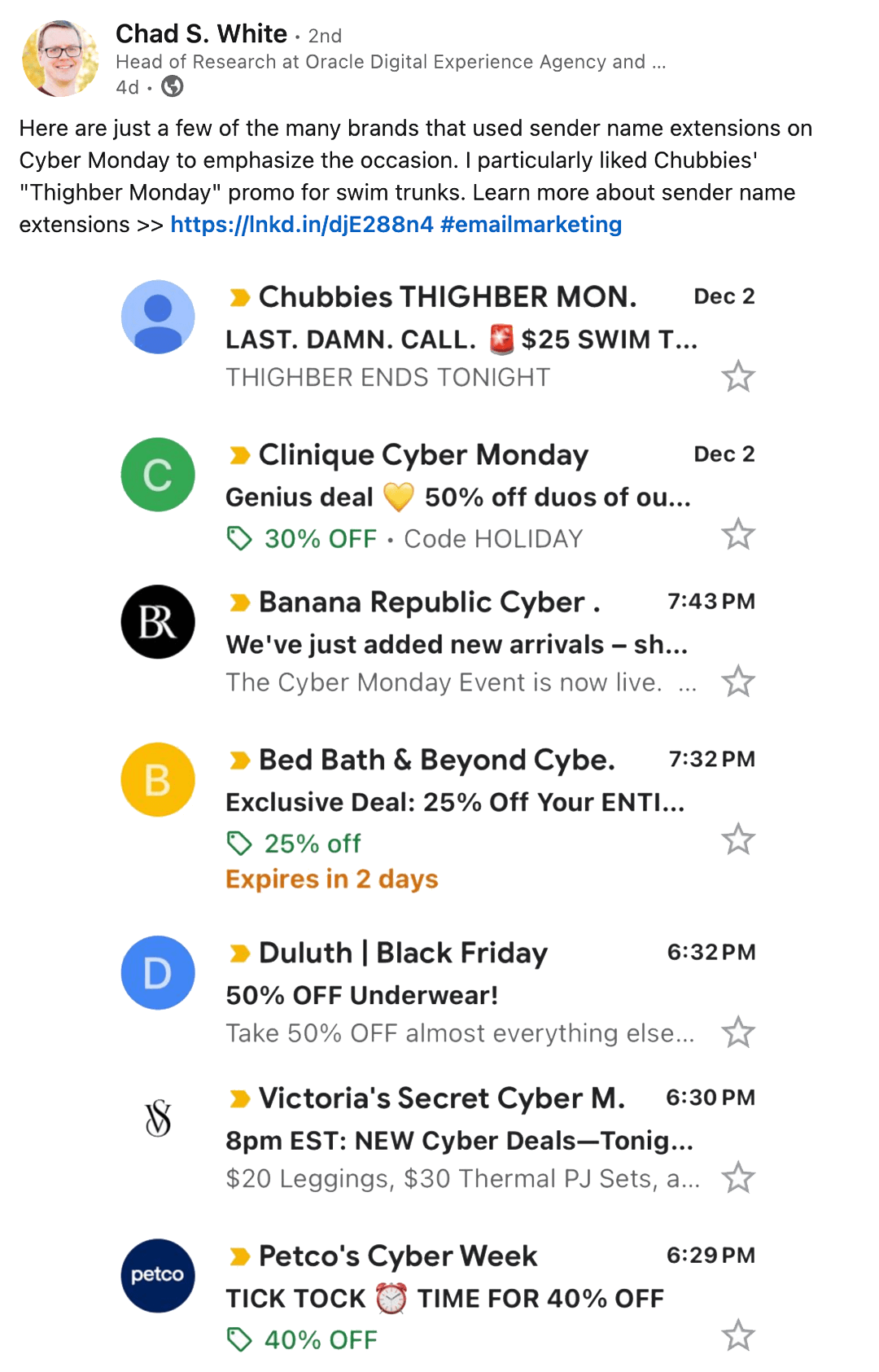 A Linkedin in post from Chad White 
showing sender name extensions from Cyber Monday emails.