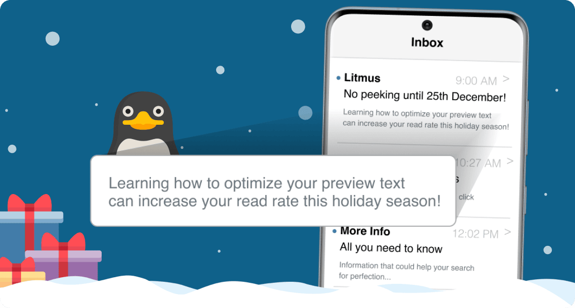 Snow scene with a penguin, presents, and a phone showing an inbox with a zoomed in view of the preview text.