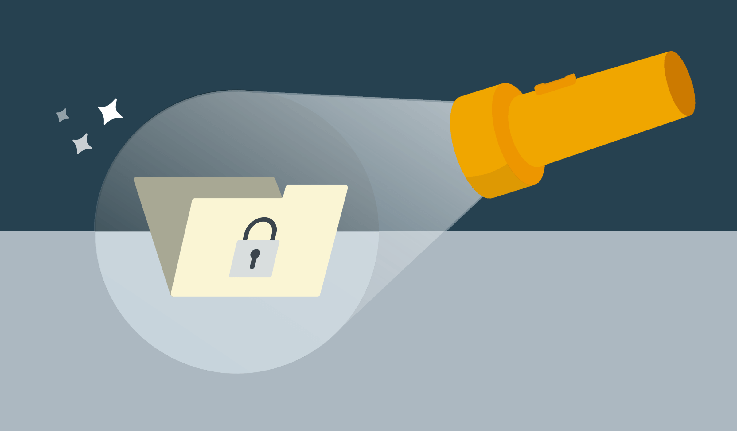 An orange flashlight shining a light on a folder with a security lock on it.