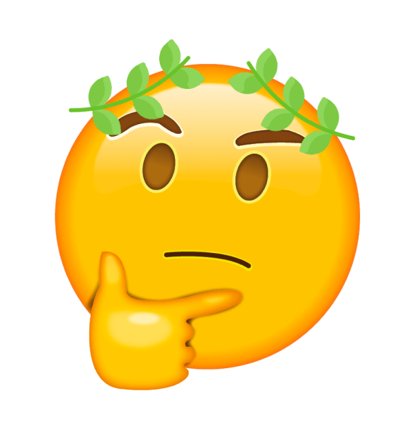 A thinking face emoji with a crown of olive leaves